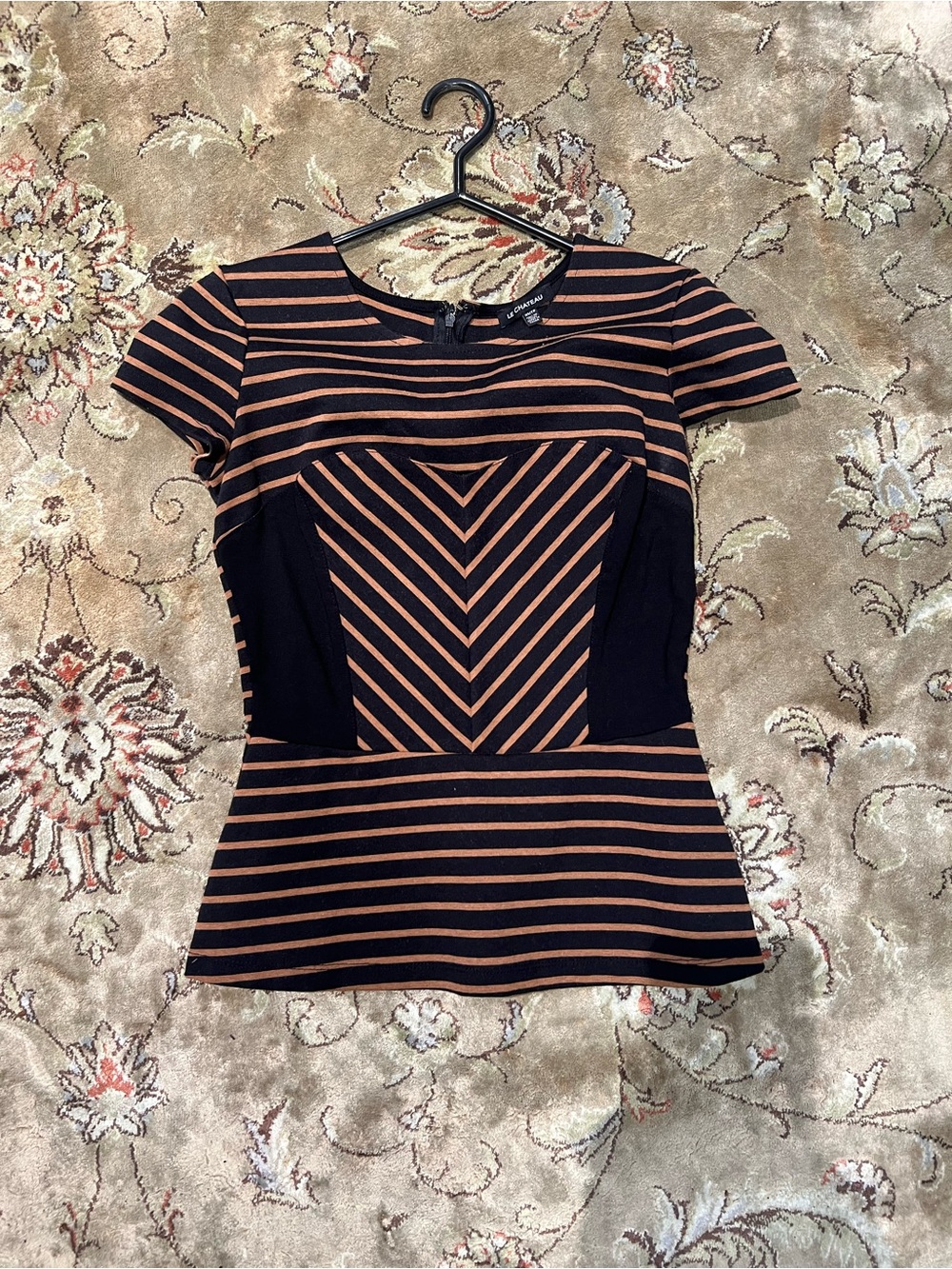 Le Château Striped Short-Sleeve Peplum Top in Black and Brown